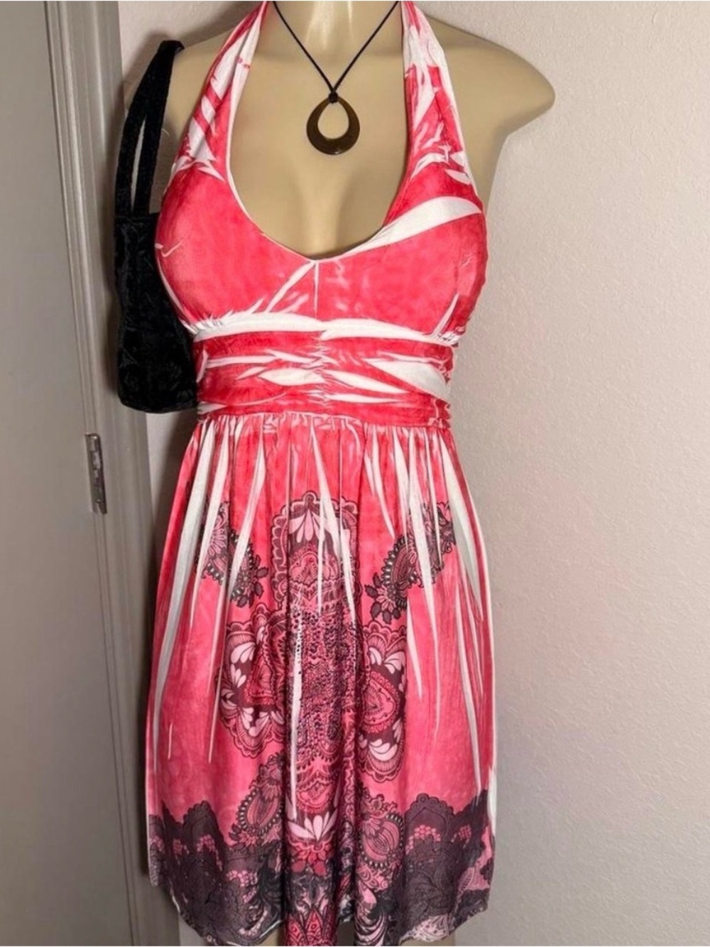 Ingear Coral and White Halter Midi Dress with Paisley Border